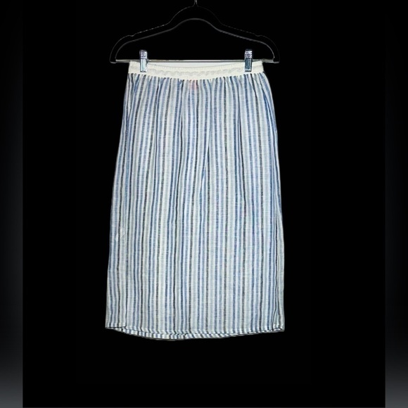 NWT Sita Murt Linen Blue & White Striped Midi Pull-On Skirt w/ Drawstring 8 (40) - Picture 7 of 15